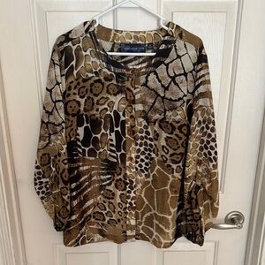 SZ 2X Susan Graver/Style Sheer Animal Print Button Down Blouse NWOT